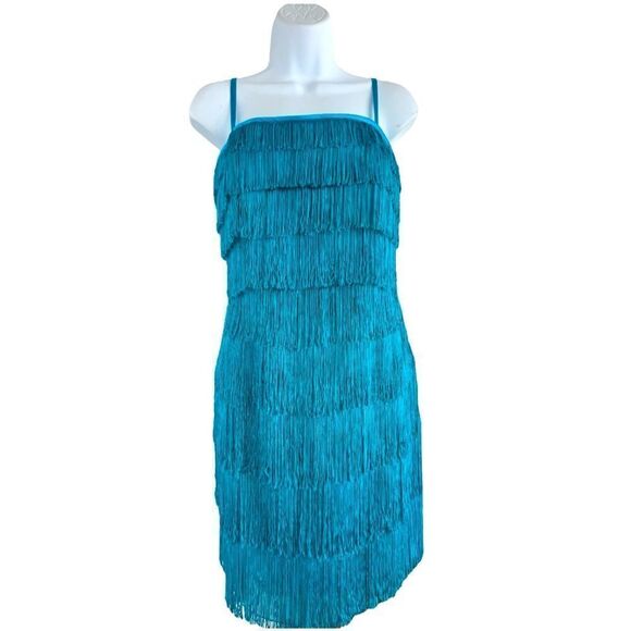 Phoebe Couture Dresses & Skirts - PHOEBE COUTURE Aqua Fringe Midi Dress Via Neiman Marcus Size 12.